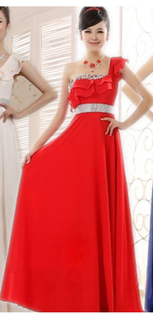 红色纱质长款礼服